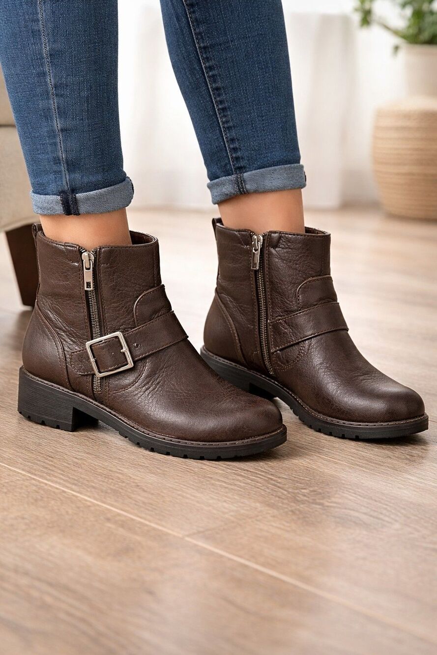 Clarks Leather Moto Buckle Dual Zip Ankle Boots Women’s Size 8 Brown Pebbled